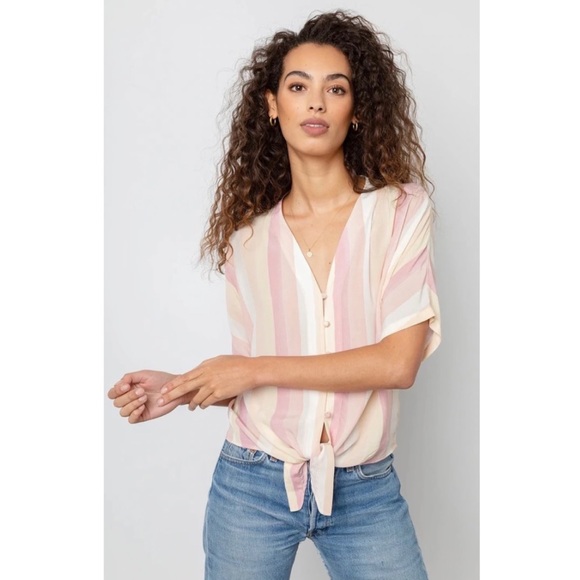 Rails XS Sunrise Stripe Pastel Button Down Tie Front Crop Thea Top Blouse - Picture 11 of 15